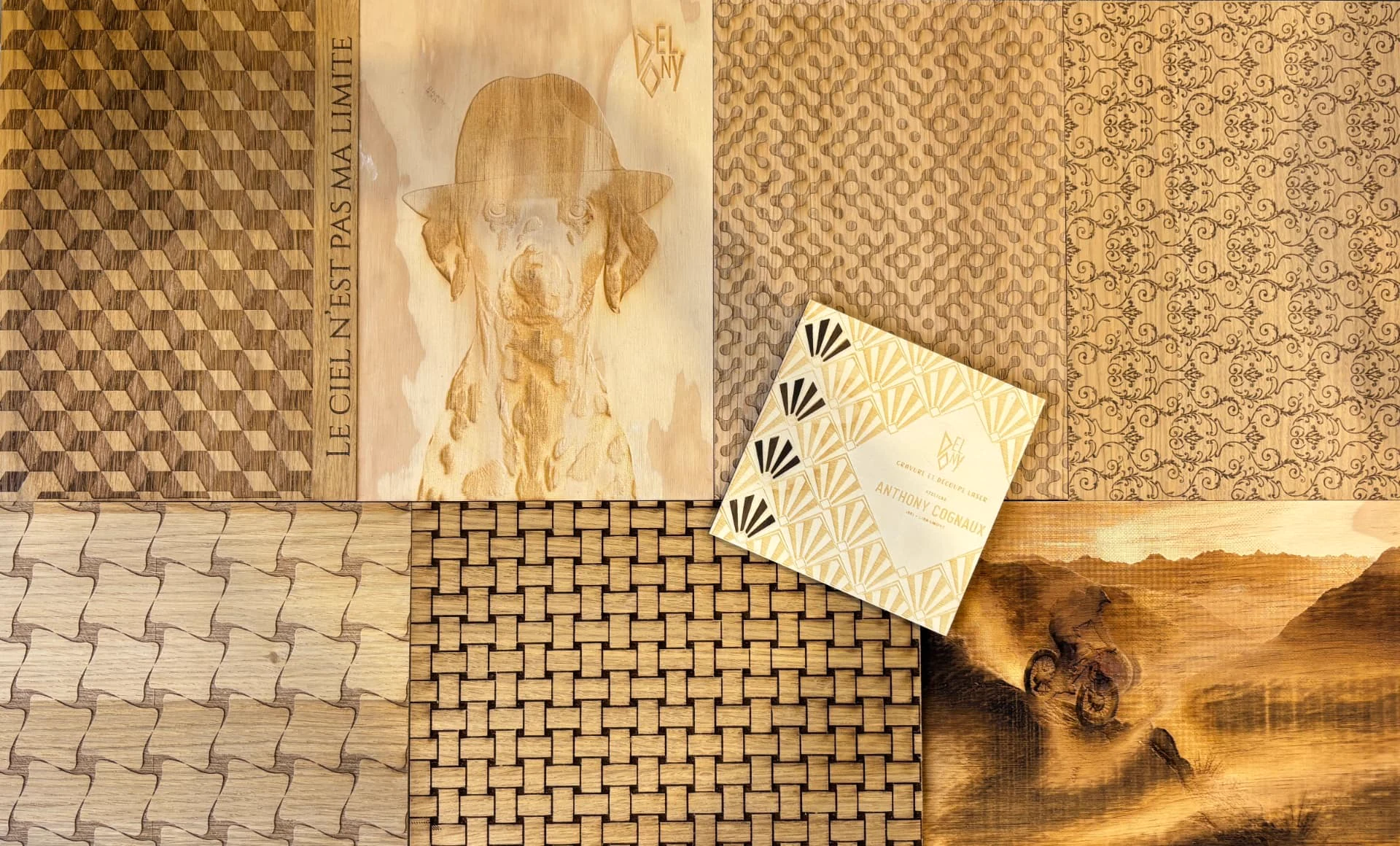Panneaux de bois gravés et découpés au laser, motifs géométriques et portrait