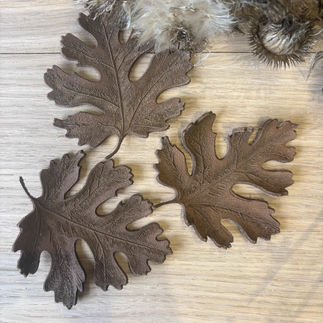 Feuilles de chêne découpées et gravées dans du cuir brun