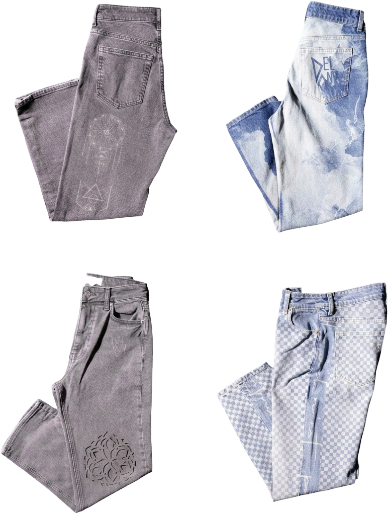 Quatre jeans traités au laser : motifs géométriques, délavages et damiers