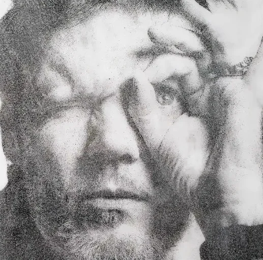 Portrait d'homme gravé en pointillé de diamant sur pierre claire