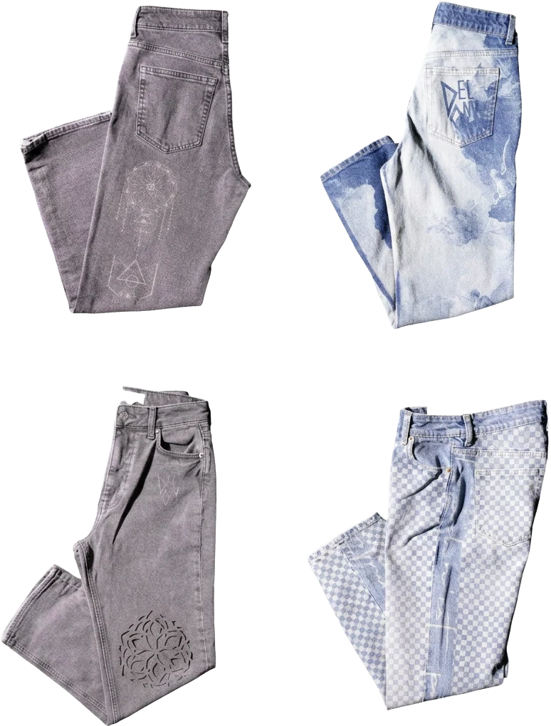 Quatre jeans traités au laser : motifs géométriques, délavages et damiers